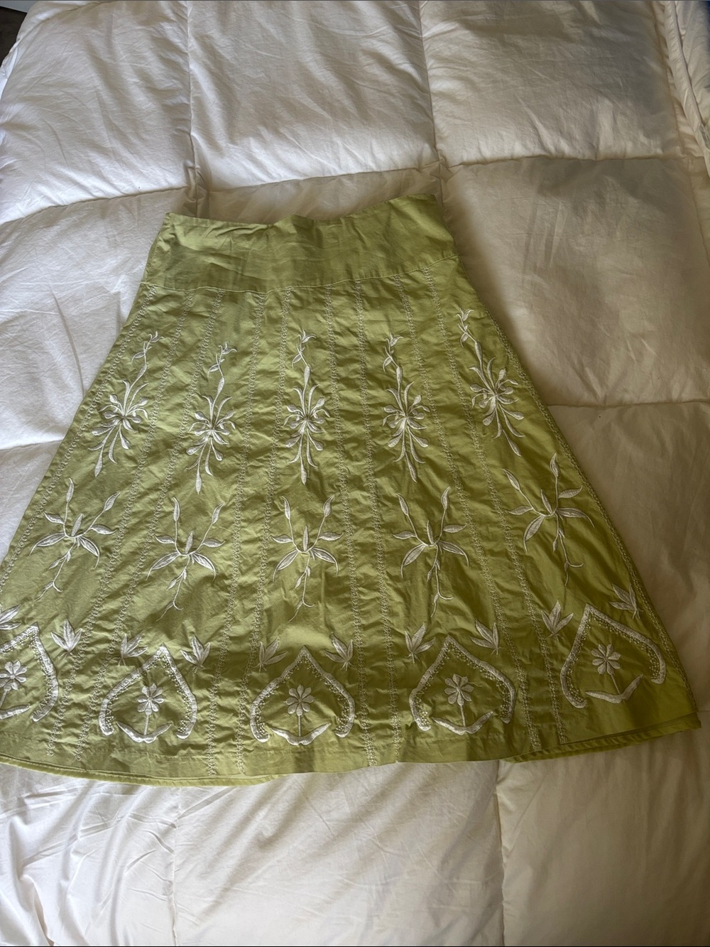 Dialogue Light Green A-Line Skirt with White Floral Embroidery